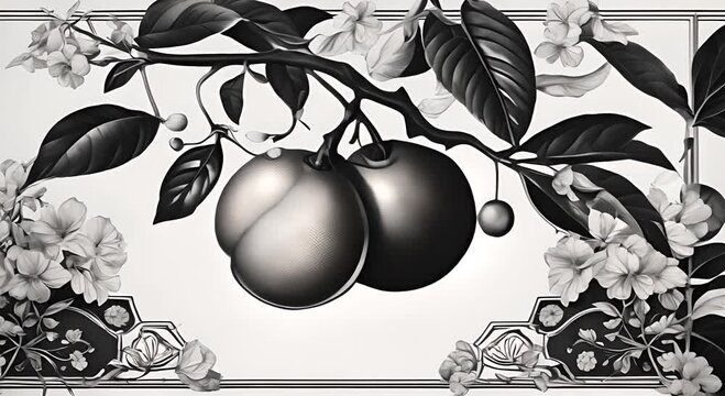 A black and white illustration of two oranges and flowers on a branch 4K
