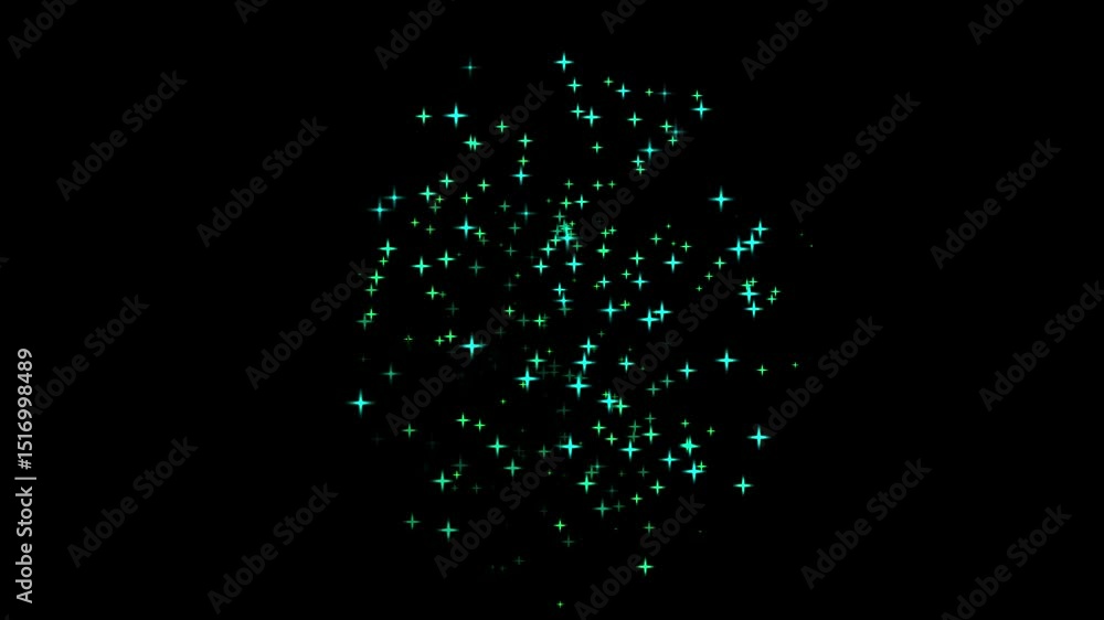 Poster green and cyan particle magic effect twirling down star dust loop animation video on black backgroun