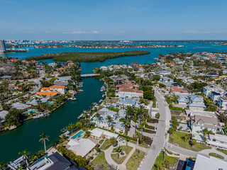 Beautiful aerial view of Sarasota, the magnificent white sand beach, and its iconic St. Armands Circle