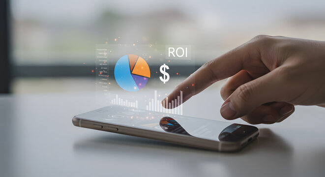 Roi pie chart investment return profit smartphone screen coin growth data analysis performance - Powered by Adobe