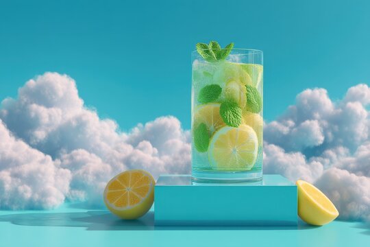Refreshing glass of lemon water with mint against a vibrant blue sky