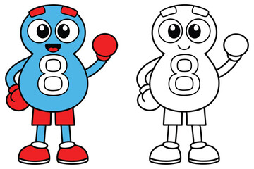 Cartoon Number Eight Character with Boxing Gloves for Color or Coloring