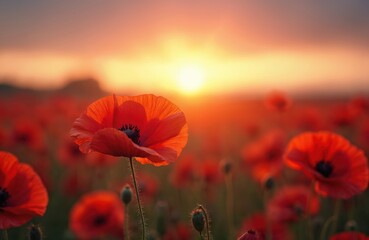 Red poppy field at sunset. Vibrant red flowers on memorial Veterans Day. Sunset light over landscape of poppies field. Concept of remembrance and honor. Beautiful nature background.