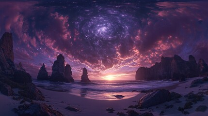 Vast purple sunset over a beach,  rocky coast