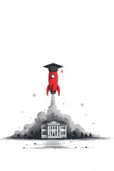 Rocket with graduation cap launching above academic building in minimalist illustration