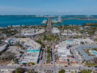 Beautiful aerial view of Sarasota, the magnificent white sand beach, and its iconic St. Armands Circle