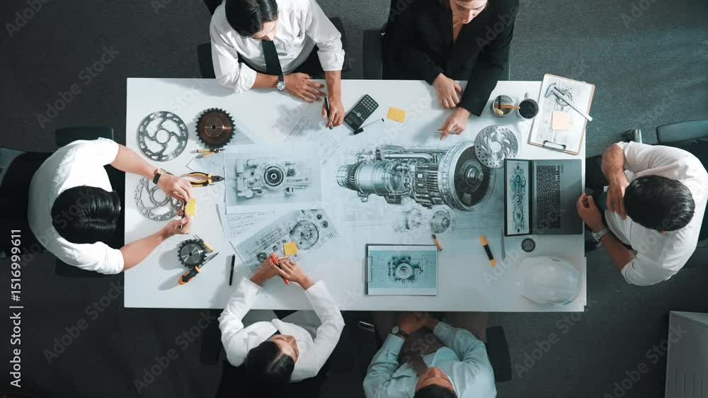 Aufkleber top view of engineer pointing at turbine engine at meeting table with equipment. aerial view of prof