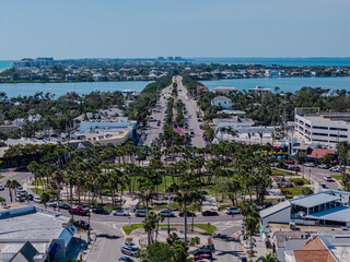 Beautiful aerial view of Sarasota, the magnificent white sand beach, and its iconic St. Armands Circle
