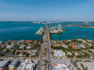 Beautiful aerial view of Sarasota, the magnificent white sand beach, and its iconic St. Armands Circle