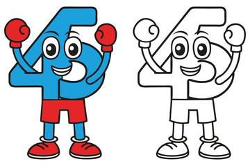 Cartoon Number Four Character with Boxing Gloves Ready to Fight, Illustration