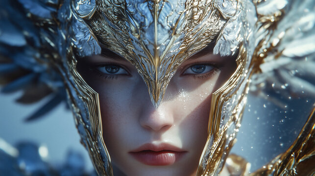 A Valkyrie woman in armor with wings on her helmet