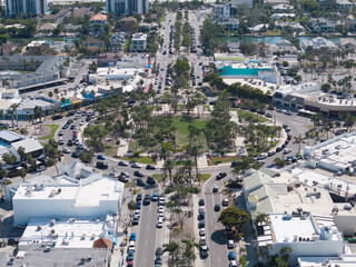 Beautiful aerial view of Sarasota, the magnificent white sand beach, and its iconic St. Armands Circle