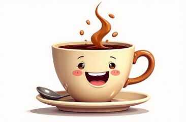 A cheerful cup invites you to drink coffee in the company of a spoonful of molasses. Cheeky food and drink illustration funny animation concept
