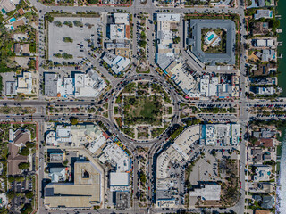 Beautiful aerial view of Sarasota, the magnificent white sand beach, and its iconic St. Armands Circle
