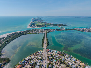 Beautiful aerial view of Sarasota, the magnificent white sand beach, and its iconic St. Armands Circle