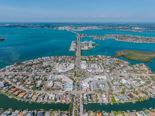 Beautiful aerial view of Sarasota, the magnificent white sand beach, and its iconic St. Armands Circle