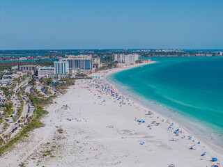 Beautiful aerial view of Sarasota, the magnificent white sand beach, and its iconic St. Armands Circle