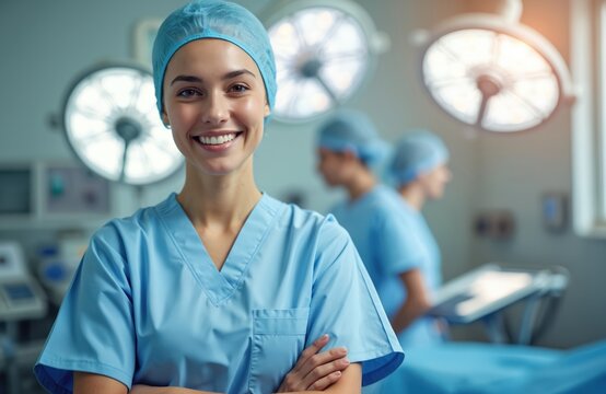 Smiling surgeon portrait in hospital operating room. Female healthcare worker in blue scrubs with arms crossed. Medical pro expressing joy, confidence. Successful medical practice, health, surgery.