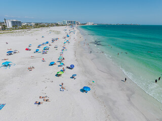 Beautiful aerial view of Sarasota, the magnificent white sand beach, and its iconic St. Armands Circle