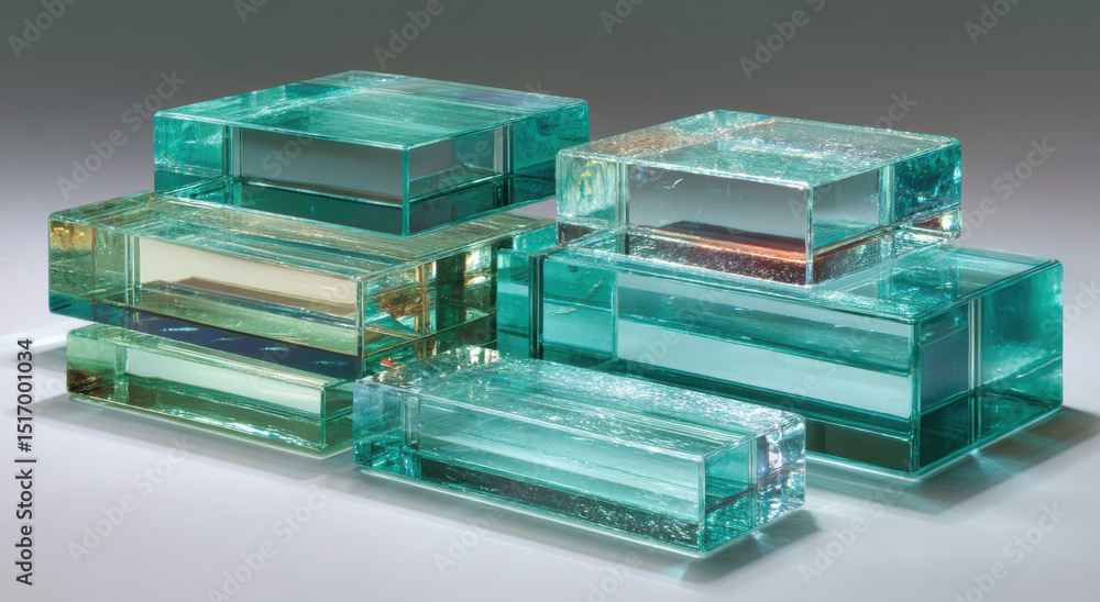Poster stacked aqua glass blocks reflecting light, symbolizing transparency and modern architecture, ideal 