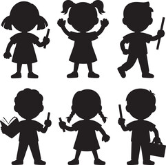 Silhouette Style Children Holding Pencils in Classroom Vector Illustration for Education and Creative Learning