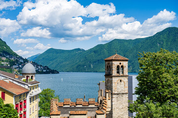 Lugano, Switzerland at daylight in spring on Lake Lugano.