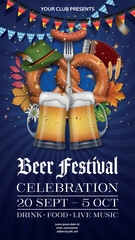 oktoberfest celebration poster with pretzel, beer mugs and pennants. german beer festival flyer	