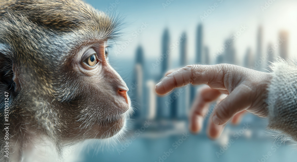Poster monkey reaching out to touch a human finger against a cityscape, symbolizing connection and shared f