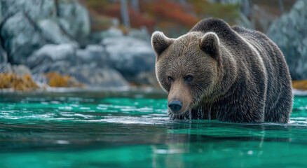 Obraz premium Grizzly Bear Wading in Teal Water, Showcasing Wildlife Conservation and the Beauty of Nature, Perfect for Endangered Species Awareness Campaigns