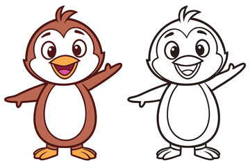 Cartoon Penguin Standing with a Wave Next to a Line Art Version