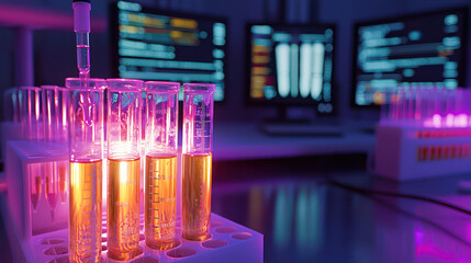 Glowing liquid samples in test tubes placed under a UV lamp, with digital monitors in the background showing analysis results.