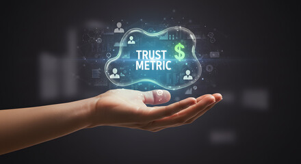 Human hand holding transparent trust metric symbol with digital finance and network element for data reliability and value