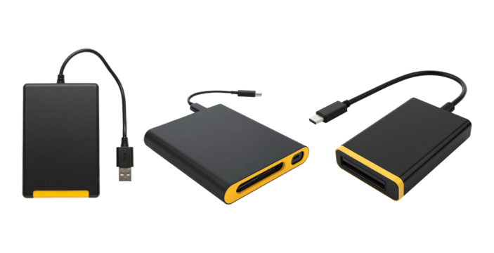 Three pieces of black and yellow SSD hard disk set on an isolated transparent background.