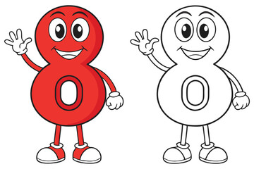 Cheerful Cartoon Number Eight Character with Red and Outline Versions
