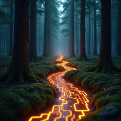 Mystical forest scene nature meets technology. Orange glowing path formed by digital circuitry flows through trees, merging natural elements, tech. Concept photo about AI, innovative digital world.