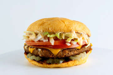 A catalog of burgers in different varieties with potato buns, meat and vegan medallions with lettuce, tomato, bacon, cucumbers, cheddar cheese, and American-style caramelized onions.