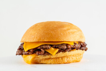 A catalog of burgers in different varieties with potato buns, meat and vegan medallions with lettuce, tomato, bacon, cucumbers, cheddar cheese, and American-style caramelized onions.