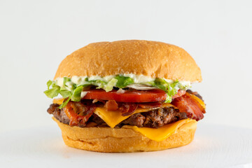 A catalog of burgers in different varieties with potato buns, meat and vegan medallions with lettuce, tomato, bacon, cucumbers, cheddar cheese, and American-style caramelized onions.