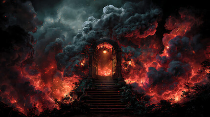 illustration of sinful curse hell gate with smoke and flame