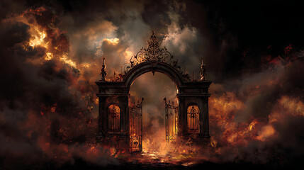 illustration of sinful curse hell gate with smoke and flame