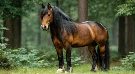 Fototapeta premium Majestic Brown Horse Standing in Forest During Rainfall, Symbolizing Strength and Connection to Nature for Conservation Campaigns