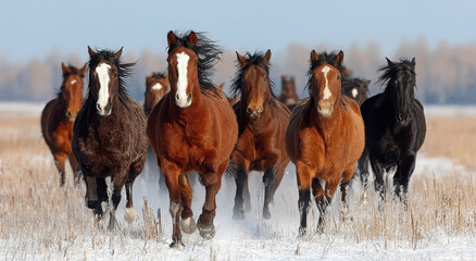 Herd of Wild Horses Running Through Snowy Field, Showcasing Power and Natural Beauty for Wildlife Conservation and Environmental Awareness Campaigns