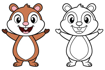 Cute Cartoon Chipmunk with Brown Fur and a Line Art Version
