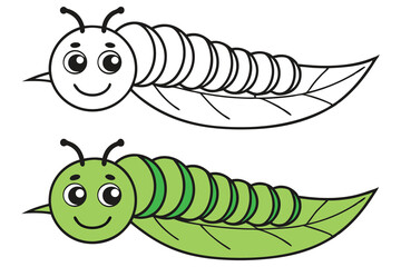 Cute Cartoon Caterpillar on a Leaf with Color and Outline Variations