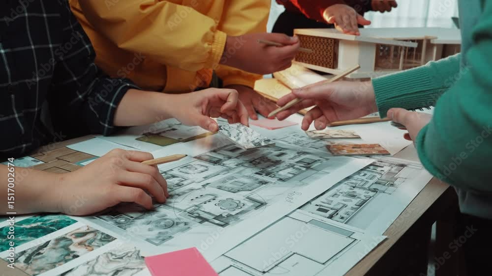 Poster a dynamic scene featuring diverse hands actively engaging in a collaborative planning session, sketc