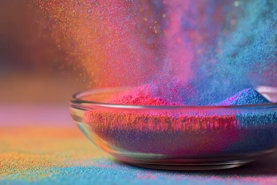 Colorful powder pigments swirling in transparent bowl as vibrant rainbow particles fall in slow motion, artistic abstract macro animation for creative backgrounds and visual textures
