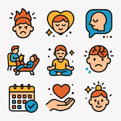 Collection of colorful icons representing various aspects of mental well-being, including stress, emotional balance, therapy, and self-care practices. Mental health and wellness concept