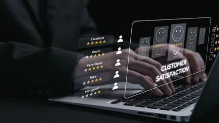 A business professional hands navigate a laptop displaying a digital customer satisfaction survey, highlighting feedback mechanisms and evaluation metrics in a modern workspace. Qubit