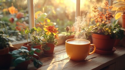 Warm sun streams through a window, illuminating a yellow mug of coffee with steam rising, surrounded by potted plants
