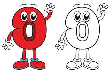 Number zero cartoon character in color and line art illustration